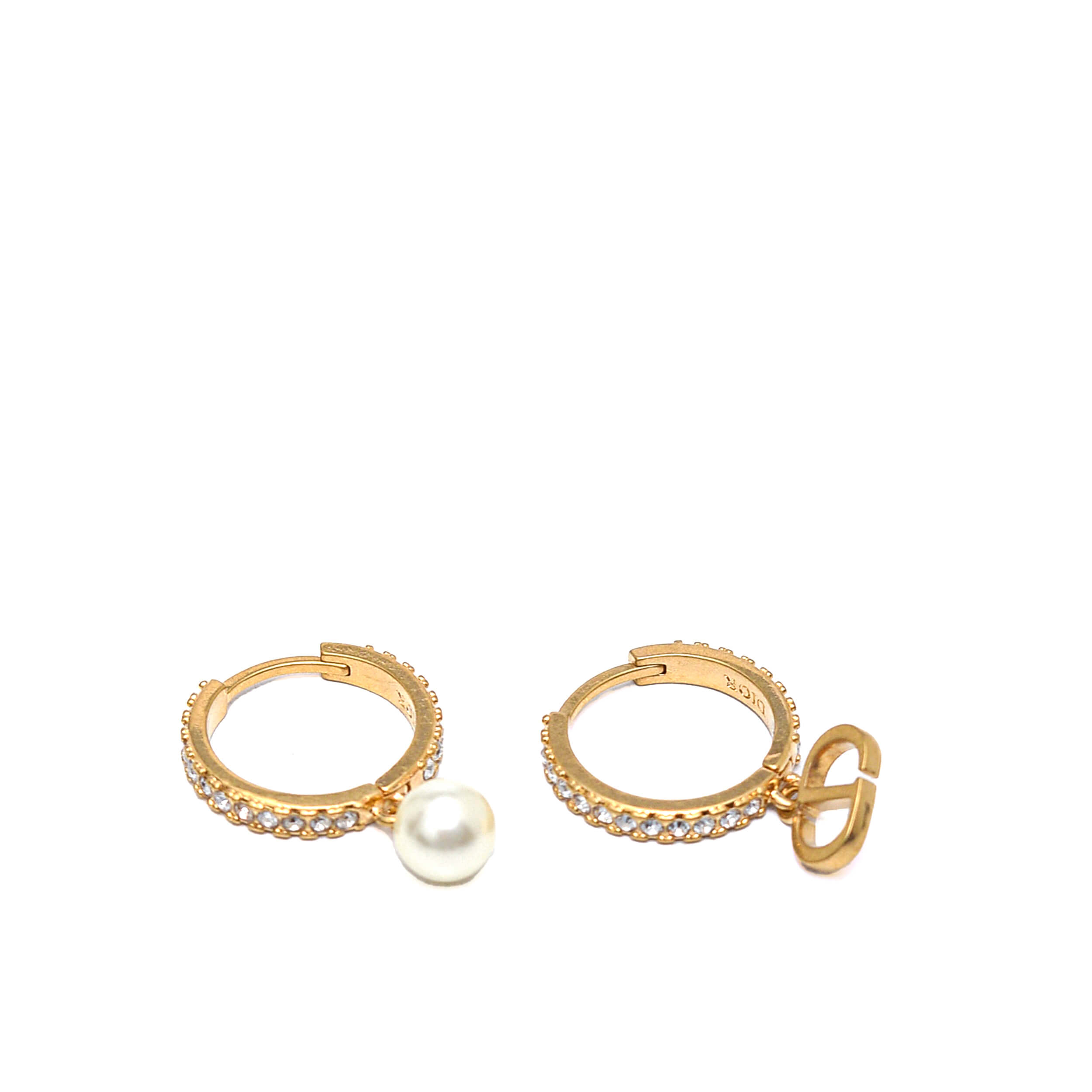  Christian Dior - Crystal & Pearl Charm Small Hoop Earrings In Gold Metal 
